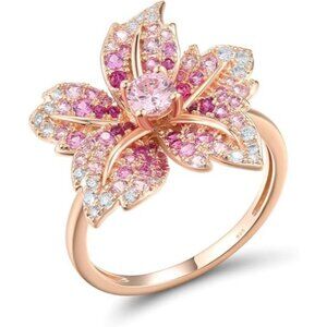 Lily-Pink Sterling Silver Gemstone Flower Ring for Women